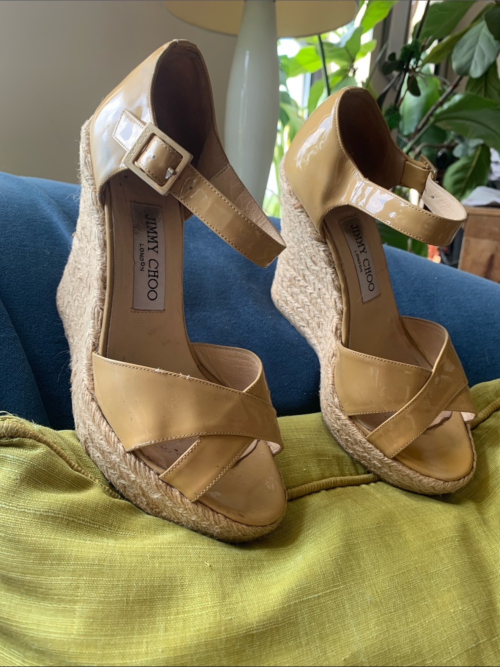 Jimmy Choo Classic Nude Patent Espadrille Wedge Sandals - Size 37.5 - Picture 2 of 6